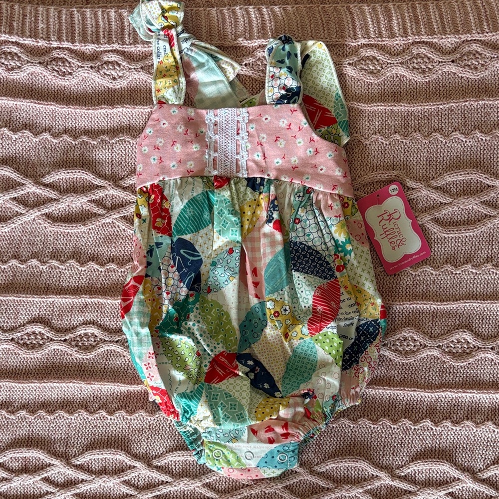 Colorful Patchwork Baby Bubble Romper with Pink Floral Yoke